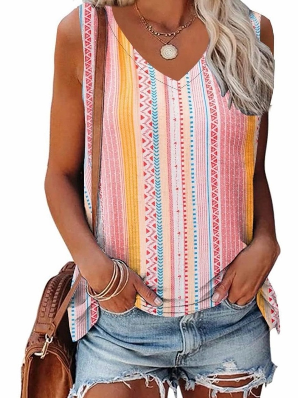 Striped V-Neck Sleeveless Tank Top - Pink & Yellow